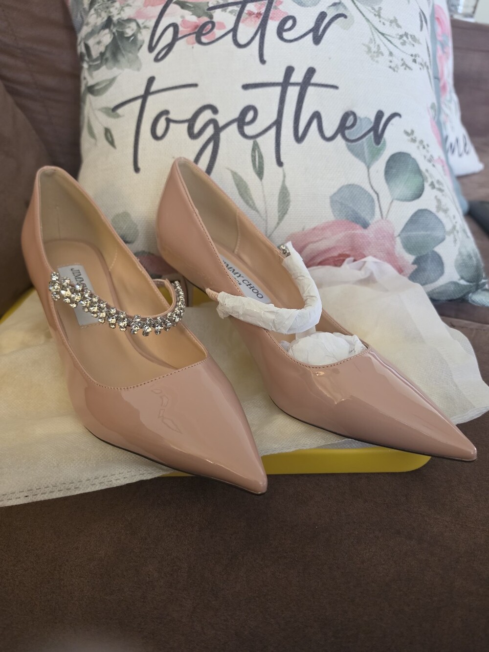 Blush Pink Patent Pointed Heels with Crystal Strap